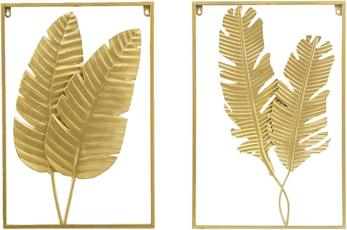 MKUN Set of 2 Iron Wall Sculptures -Gold Metal Leaf Wall Hanging Home Decor with Frame, Modern Luxury Wall Art Decor for Living Room, Bedroom, Office, Hotel, Large 24" X 16" (Gold_B)