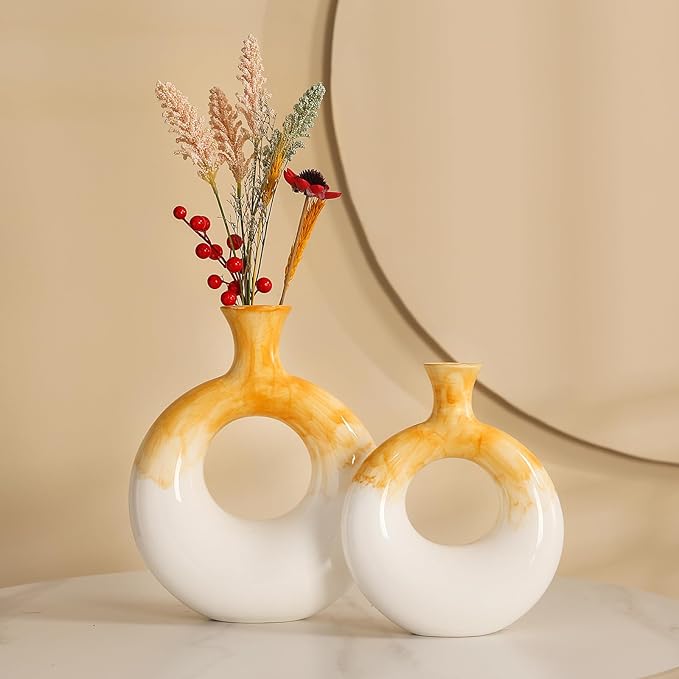Ceramic Donut Vase Set of 2,Yellow and White Vases for Home Decor,Circle Decorative Vase for Centerpieces,Boho Pampas Vase for Office Wedding Dinner Table Living Room,Modern Flower Vase