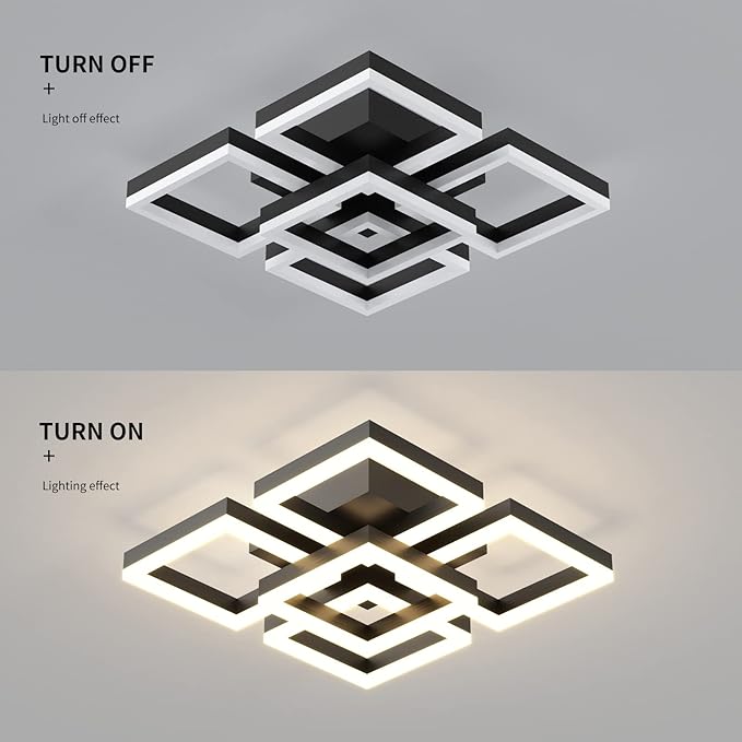 GEADI Modern LED Ceiling Light, 64W Dimmable Black Flush Mount Light 5-Square Ceiling Lamp with Remote Control, Acrylic Ceiling Chandelier Lighting for Living Room Bedroom Office, 3000K-6500K