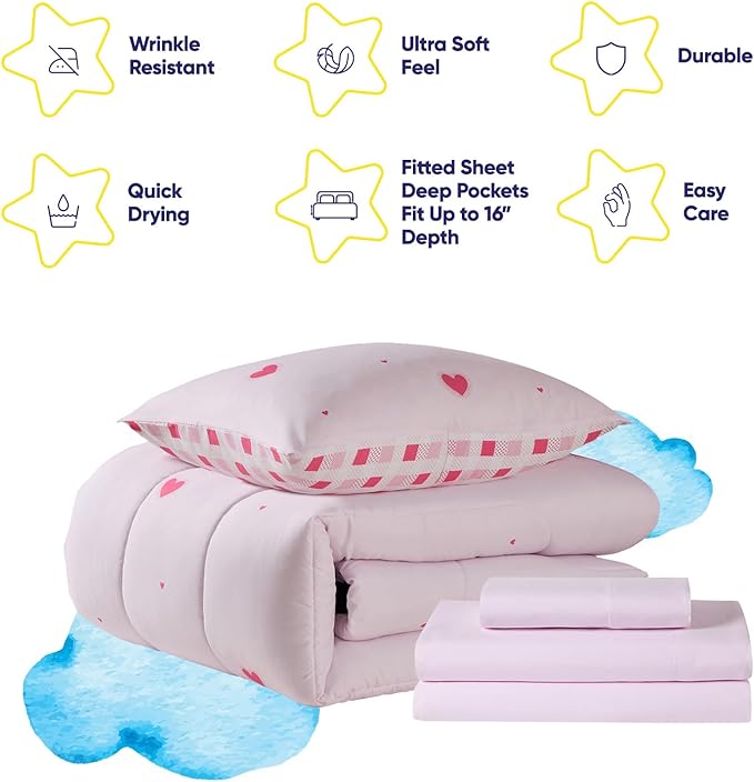 Heart Comforter Set Twin Size for Girls – Soft Pink Bed in a Bag with Sheets, Pillowcases & Shams – Cute Kids Bedding with Love Hearts Design – Cozy Microfiber for Child or Tween Bedroom Decor