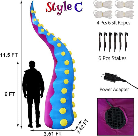 Juegoal 1 PCS Halloween Decorations 11.5FT Tall Inflatable Lighted Giant Octopus Tentacle, Octopus Legs with Lights, Halloween Front Door Window Roof Prop, Outdoor Holiday Blow up Decor - Mold C