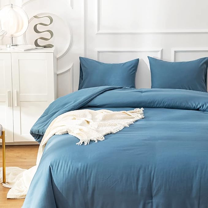Cottonight Blue Comforter Sets California King Lake Blue Bedding Set Women Men Blanket Quilts Breathable Soft Solid Cal King Bedding Comforter Sets