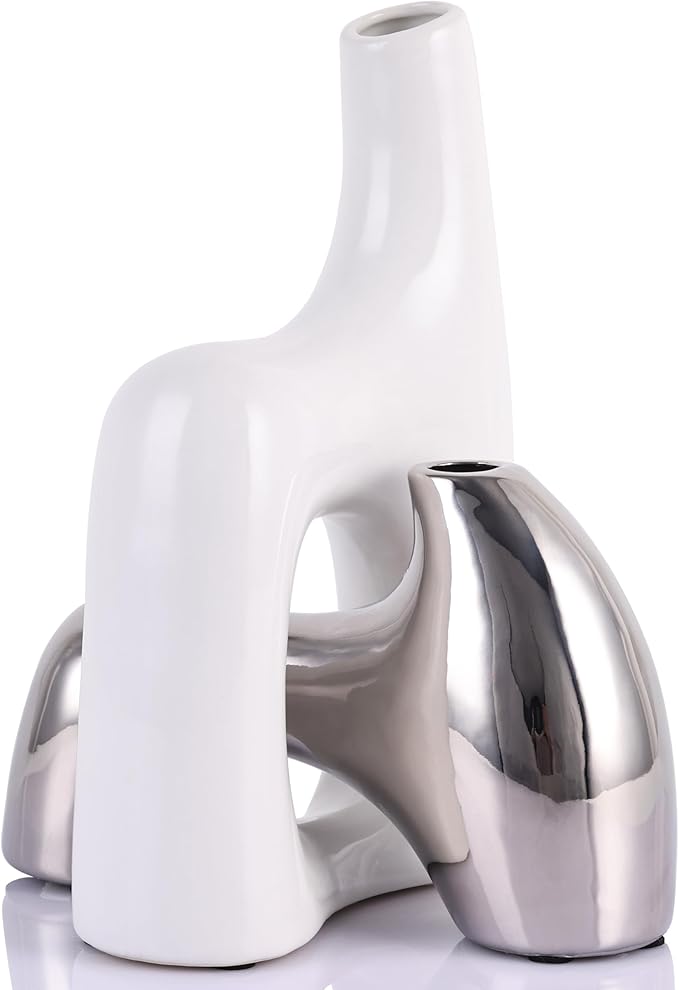Intertwining Vase Set Snuggle Hollow Ceramic Vase Set of 2 White and Silver Vase Modern Boho Home Decor for Neutral Minimalist Vase for Dining Room Table Centerpiece Dining Room,Wedding Table Deco