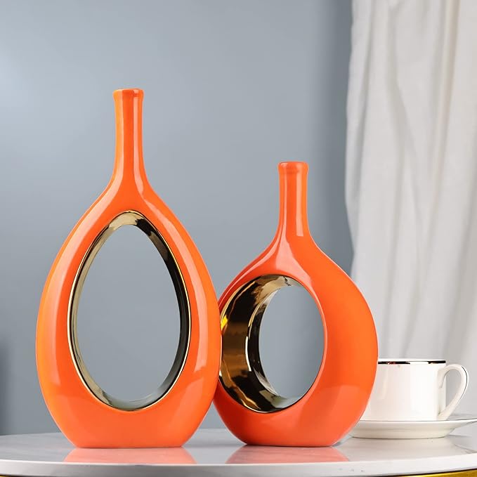XMGZQ Ceramic Orange and Gold Vase Set of 2, Modern Vases for Home Decor, Centerpieces, Housewarming Gift, Living Room Dining Table, Flowers