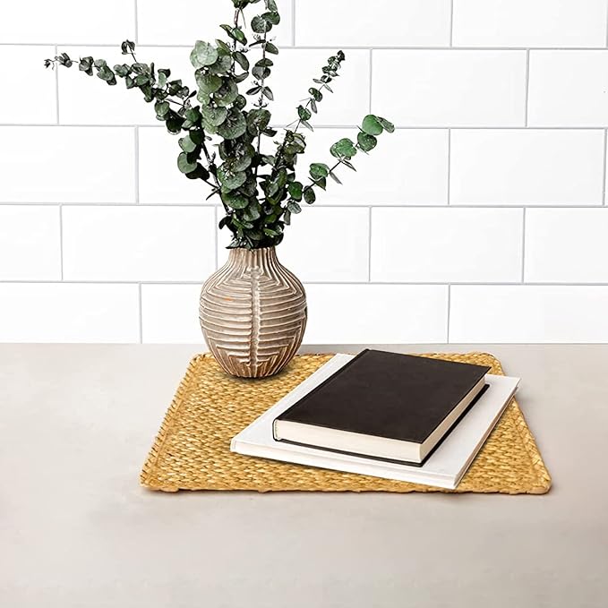 Square Woven Placemats Set of 4 Straw Table Placemat Extra Wide Braided Rattan Place Mats for Square Plates Farmhouse Placemat Wipeable Wicker Outdoor Placemats for Patio Table 13.4''