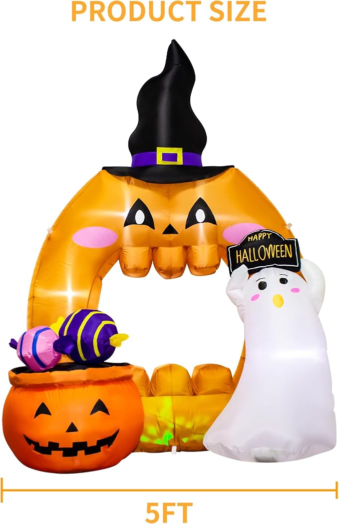 5 Feet Halloween Inflatable Pumpkin Outdoor Decoration with LED Lights, Blow up Halloween Ghost Hollowed Out Archway Pumpkin Inflatable Decor for Indoor Outdoor Yard Halloween Party Photo Spot