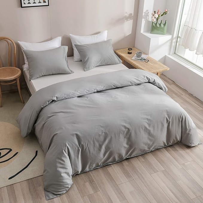Wellboo Silver Grey Comforter Sets Full Women Men Light Gray Bedding Comforter Sets Girls Boys Elegant Grey Warm Blankets Adults Teens Solid Pale Color Quilts Durable Soft Pure All Gray Bedding