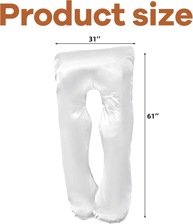 HOMBYS Silky Satin Pregnancy Pillow Cover (ONLY Pillowcase), Luxurious Smooth Maternity Pillow Cover, U Shaped Soft & Breathable Large Pillow Protector for Side Sleeper, 60.8" L x 31.5" W, White