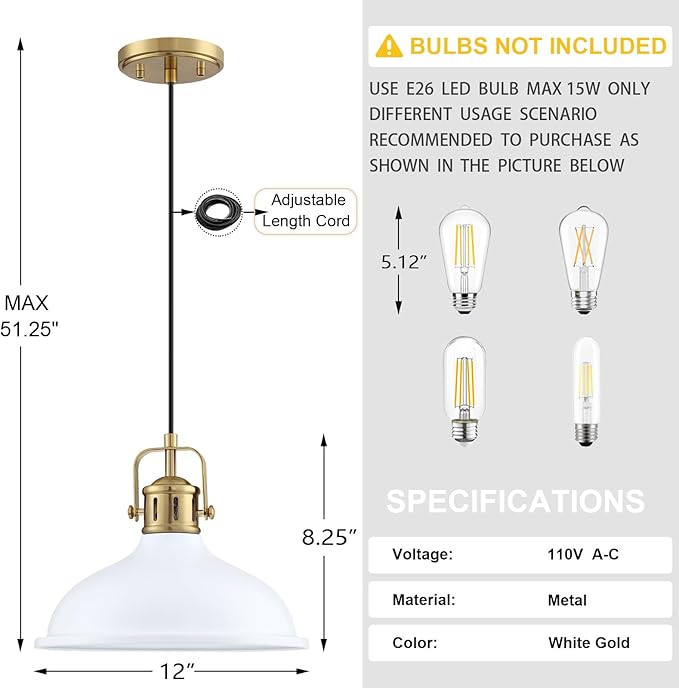 2 Pack 1 Light 12" Pendant Light Industrial Vintage Fixtures White Metal Chandelier Light Brushed Bronze Finish,Ceiling Lamp for Kitchen Home Island Dining Room Bedroom Farmhouse