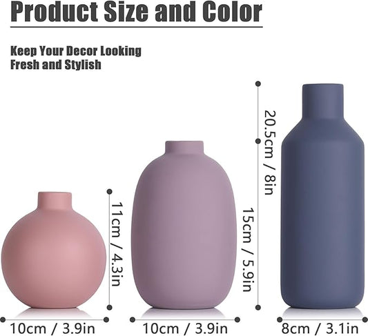 Small Ceramic Modern Farmhouse Vase,Purple Pink Blue Vase,Minimalist Vases Home Decor,Organic Modern Home Decor for Table,Living Room,Bookshelf,Entryway Drinking Fireplace Décor,Set of 3 (A)