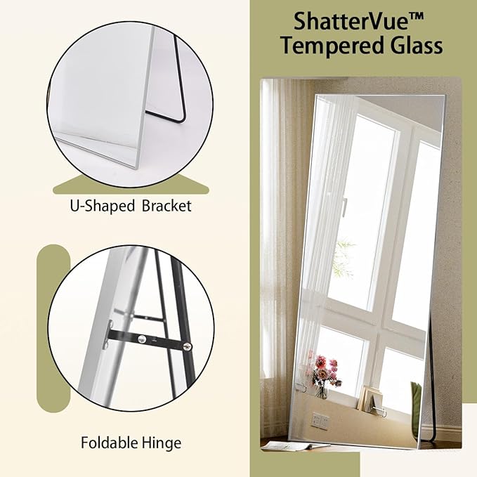 BEAUTYPEAK Full Length Mirror with Stand, 56"x21" Floor Mirror with Aluminum Alloy Thin Frame, ShatterVue Tempered Full Body Mirrors, Free Standing or Wall-Mounted Mirrors for Living Room, Silver