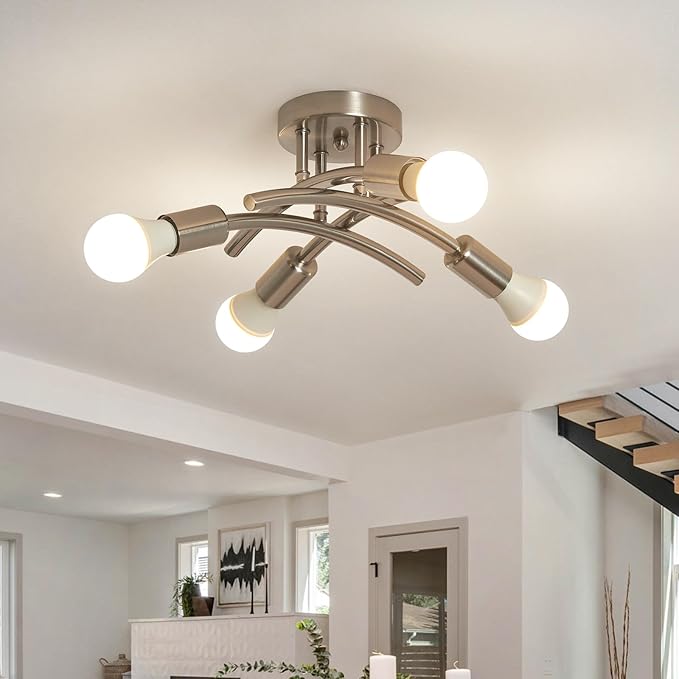 BUXVRCS Semi Flush Mount Ceiling Light Fixture, Modern Sputnik Chandelier Light Fixtures, Industrial Kitchen Light Fixtures Ceiling Mount, 4-Light Dining Room Light Fixture Bedroom (Brushed Nickel)