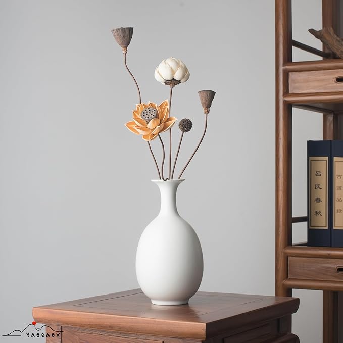 White Ceramic Vase with Dried Flowers, Handmade in Jingdezhen, for Modern Home Decor Office Bookshelf Tables Living Room Bedroom Shelf Decor Entryway Dry Flower Arrangement Ornament