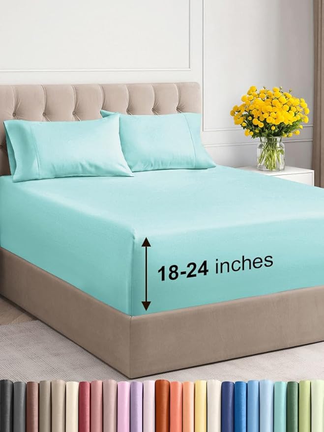 Extra Deep Twin Sheet Set - 4 Piece Breathable & Cooling Sheets - Hotel Luxury Bed Sheets Set - Easy & Secure Fit - Soft, Wrinkle Free & Comfy Sheets Set - Spa Blue Sheet Set with Extra Deep Pockets