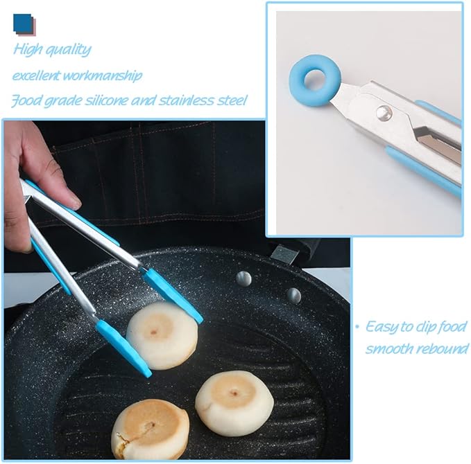 Mini Spatula And Mini Kitchen Utensil Set Small Five-Piece Set Tiny Silicone Kids Kitchen Tools Whisk Spatula Tongs Spoon And Slotted Spatula For Cooking(Kids Baking Supplies) Blue