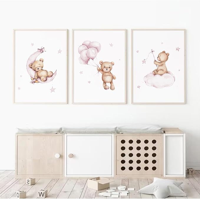 Bear Nursery Wall Art Decor Set of 3 Teddy Bear Wall Art Baby Girl Canvas Wall Decor Pink Pictures Balloon Nursery Children Prints Artwork Moon Star Cloud Art for Boys Room Bedroom 16x24 Inch Unframed