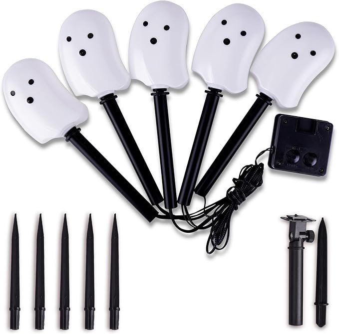 BRIGHTDECK Solar Halloween Ghost Pathway Lights, 5 Pack Ghost Stake Lights, Durable Waterproof Outdoor Halloween Decoration for Garden, Patio, Walkway, and Yard (5Pcs Ghost)