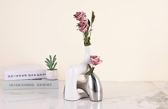 Intertwining Vase Set Snuggle Hollow Ceramic Vase Set of 2 White and Silver Vase Modern Boho Home Decor for Neutral Minimalist Vase for Dining Room Table Centerpiece Dining Room,Wedding Table Deco