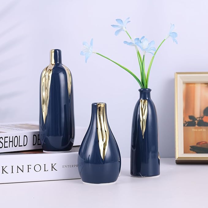Ceramic Decorative Vases Set of 3, Blue and Gold Vases for Home Decor, centerpieces on Modern Farmhouse Living Room Table Shelves, Office Bookshelf Decorations and Ornaments.