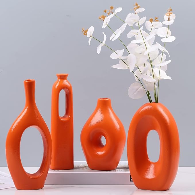 Orange Ceramic Vase Set of 4, Home Decor Circle Hollow Vases for Pampas Grass, Modern Decorative Flowers for Living Room, Office, Mantel, Entryway, Table Centerpieces