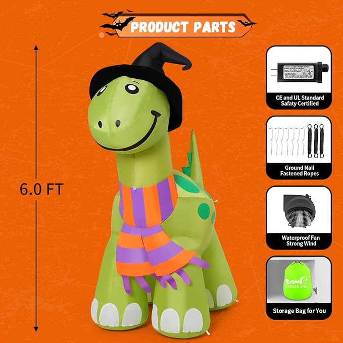 COMIN 6 FT Tall Halloween Inflatables Dinosaur Outdoor Decorations Blow Up Yard Decoration with Built-in LED for Yard Garden Party Lawn