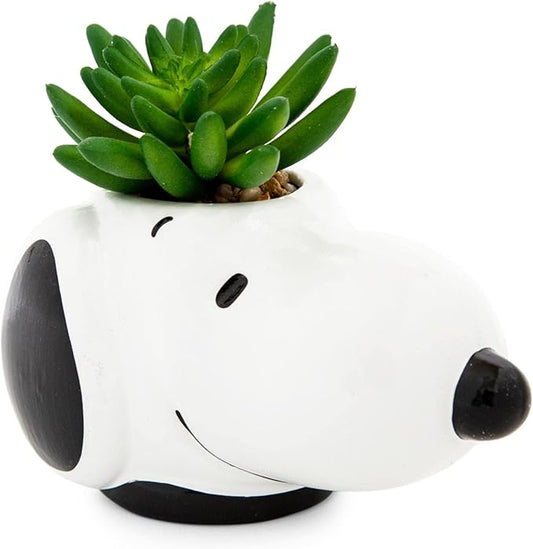 Peanuts Snoopy Face Ceramic Mini Planter with Artificial Succulent | Small Flower Pot, Faux Indoor Plants for Desk Shelf, Home Decor Trinket Tray | Cute Charlie Brown Gifts and Collectibles