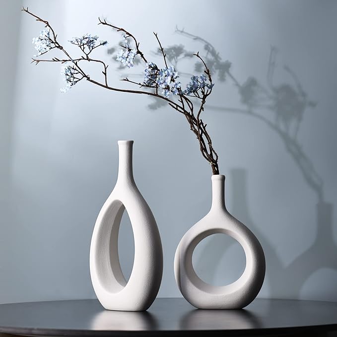 White Ceramic Vase Set 2,Modern Hollow Circle with Hole Flower Vase for Home Decor,for Table Centerpieces,Farmhouse,Fire Place,Living Room,Bedroom,Office,Bookshelf,Rustic Decor