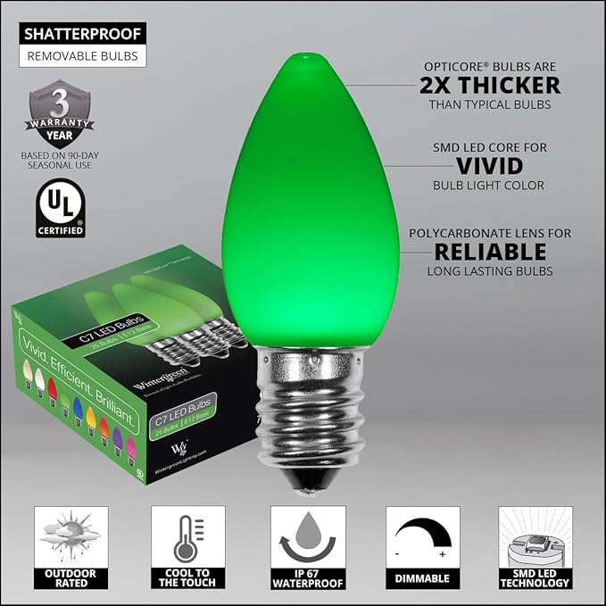 25 ft Opticore LED Opaque Commercial C7 Green Christmas Lights, Commercial LED String for Outdoor Christmas Use, Green Wire (25 Lights)