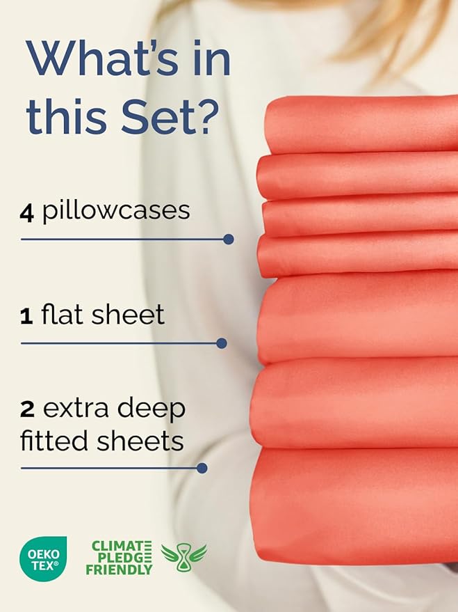 Extra Deep Split King Sheet Set - 7 Piece Breathable & Cooling Sheets - Hotel Luxury Bed Sheets Set - Easy & Secure Fit - Soft, Wrinkle Free & Comfy Sheets Set - Coral Sheet Set w/Extra Deep Pockets