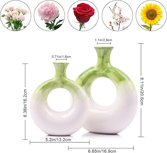 Ceramic Donut Vases Set of 2, Green and White, Perfect for Home Decor, Modern Boho Style, Ideal for Centerpieces and Dinner Tables