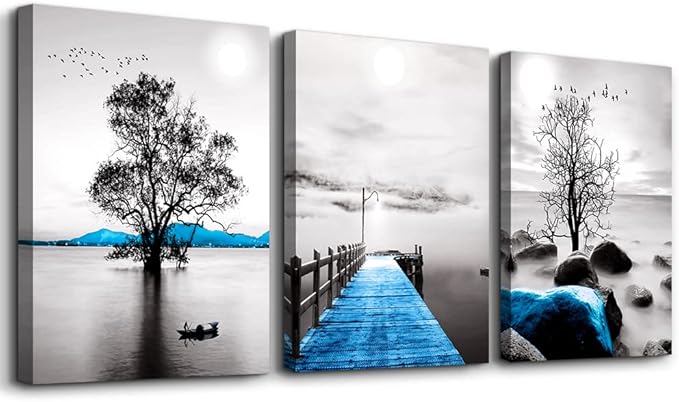 Wall Decorations For Living Room Framed Canvas Wall Art For Bedroom Office Wall Decor Black And White Ocean Landscape Wall Paintings Modern Posters Pictures Artwork For Bathroom Home Decor 3 Piece