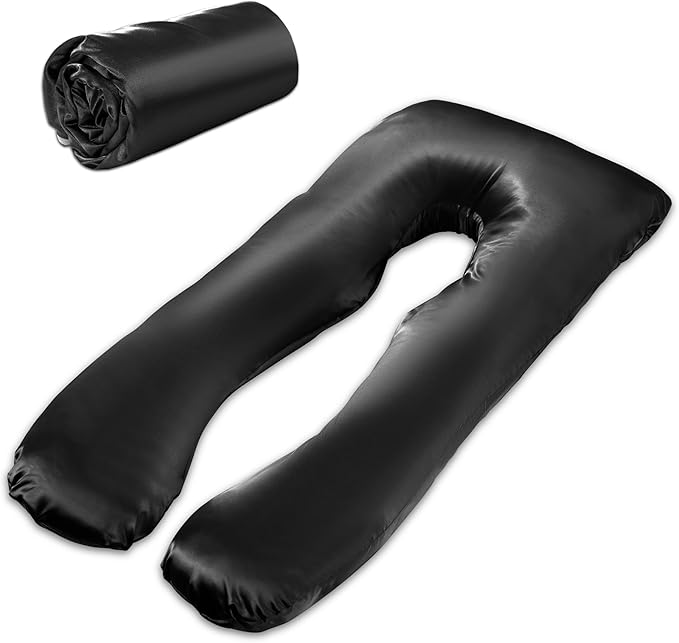 HOMBYS Silky Satin Pregnancy Pillow Cover (ONLY Pillowcase), Luxurious Smooth Maternity Pillow Cover, U Shaped Soft & Breathable Large Pillow Protector for Side Sleeper, 60.8" L x 31.5" W, Black