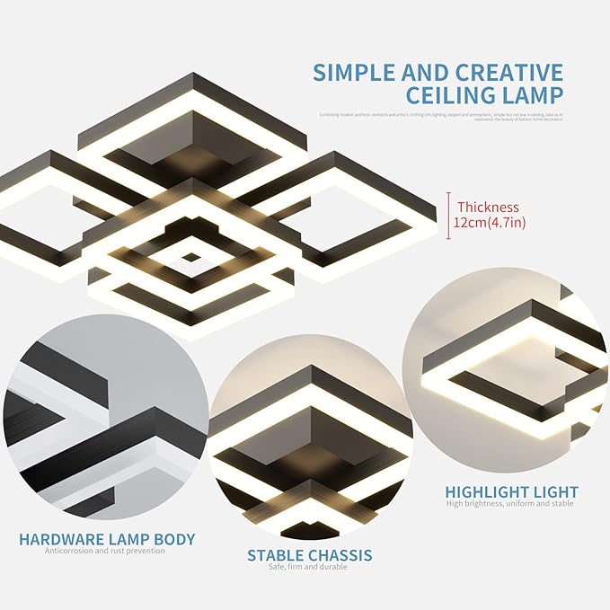 GEADI Modern LED Ceiling Light, 64W Dimmable Black Flush Mount Light 5-Square Ceiling Lamp with Remote Control, Acrylic Ceiling Chandelier Lighting for Living Room Bedroom Office, 3000K-6500K