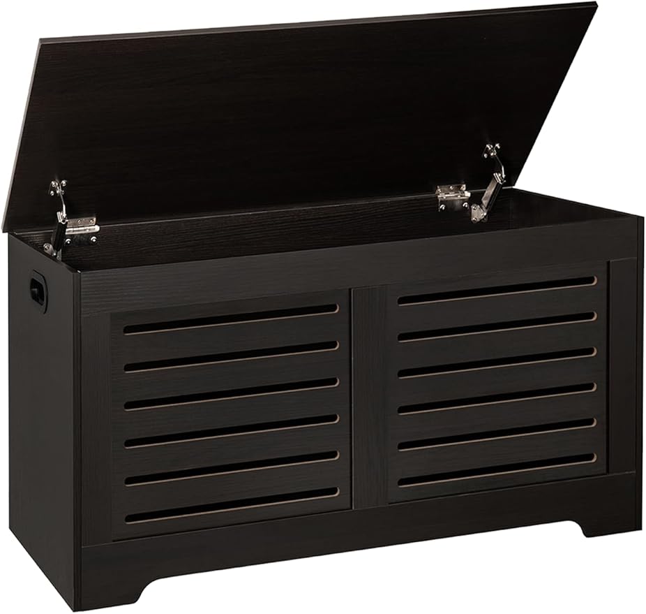 DINZI LVJ Storage Chest, 39.4”Wooden Toy Box with 2 Safety Hinges, Retro Entryway Shoe Storage Bench with Flip-Top, Sturdy Large Storage Trunk for Living Room, Bedroom, Easy Assembly, Espresso