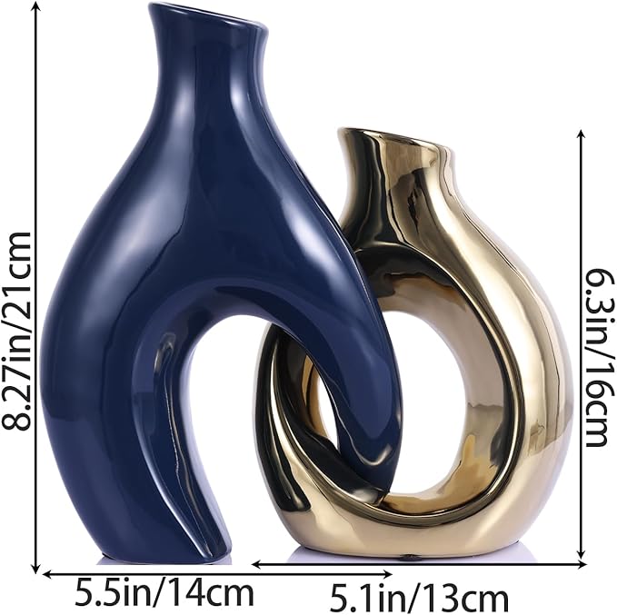 Ceramic Decorative Vase 2 Piece Set, Bohemian Style Openwork Blue and Gold Decorative Vase, Home Decor Aesthetics for Kitchen Cabinets, Office, Bedroom, Dresser, Entryway Table Decoration.