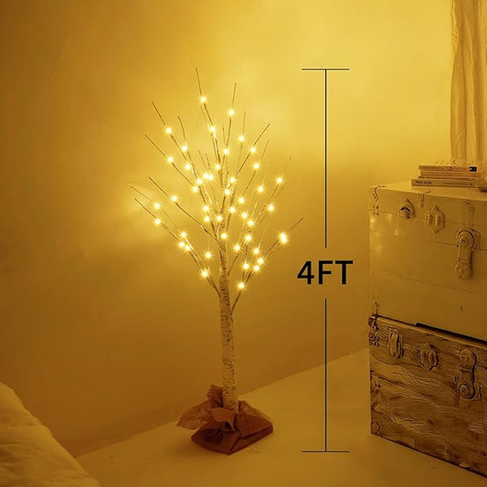 Lighted Brich Tree, 4FT 56 LED Christmas Tree with Burlap Decor, Warm White, IP44 Waterproof, Power Supply by Adaptor, Fireplace Party Wedding Halloween Christmas New Year Decoration