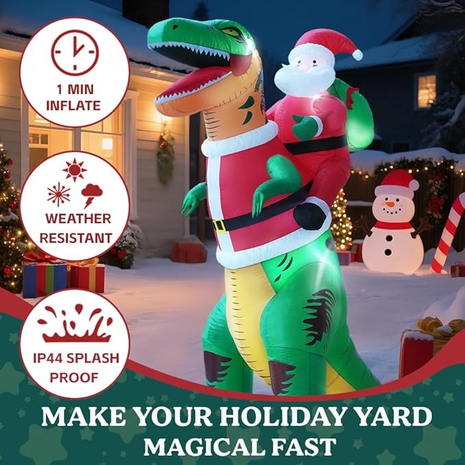 GARIG 9FT Christmas Inflatables Dinosaur and Santa Claus Outdoor Decorations, Christmas Blow Up Yard Decorations with Built-in LEDs for Xmax Outdoor Party, Yard, Garden