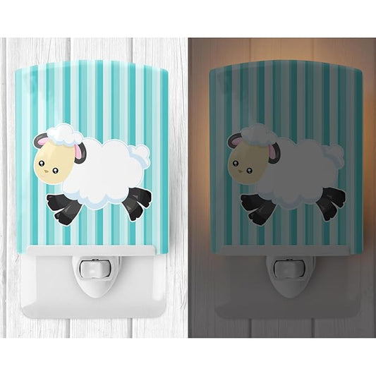 Caroline's Treasures BB6873CNL Sheep on Blue Stripes Ceramic Night Light Compact, UL-Certified, Ideal for Bedroom, Bathroom, Nursery, Hallway, Kitchen, 6x4x3, Multicolor