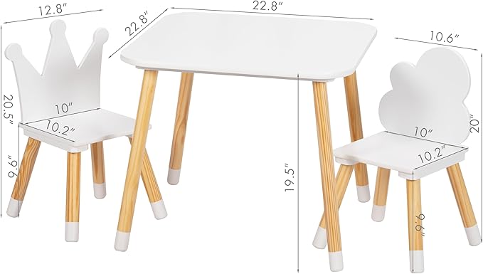 UTEX Kids Table with 2 Chairs Set, Kids Table and Chair Set,3 Piece Kiddy Table and Chair Set, Toddler Table and Chairs, White