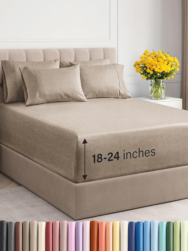 Extra Deep Queen Sheet Set - 6 Piece Breathable & Cooling Sheets - Hotel Luxury Bed Sheets Set - Easy Fit - Soft, Wrinkle Free & Comfy Sheets Set - Heathered Beige Sheet Set with Extra Deep Pockets