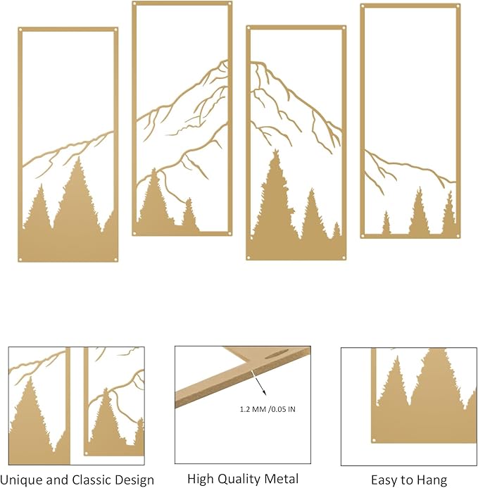 ruelen 4 Pcs Metal Mountain and Forest Wall Decor Line Drawing Wall Art Abstract Minimalist Wall Decor Rustic Nature Home Wall Art Sculpture for Home Office Bedroom Bathroom Living Room (Gold, Small)