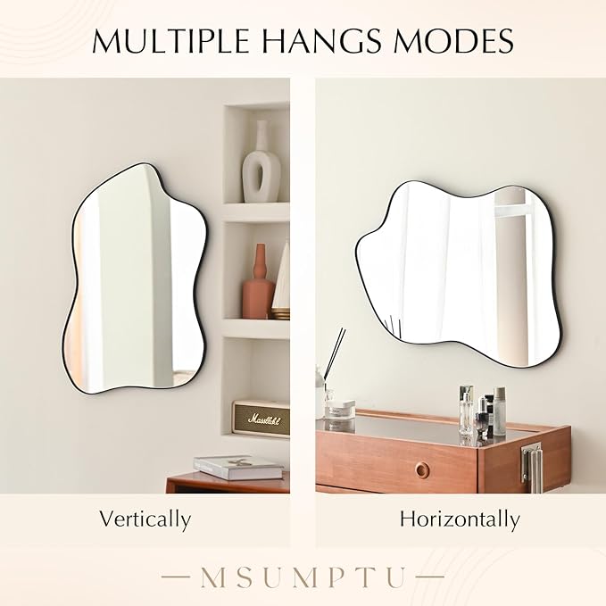 Irregular Wall Mirror Black Wave Shaped Matel Framed Wall Mirror for Bathroom Bedroom Entryway Living Room Wall Decor 24" L x 18" W 2305B