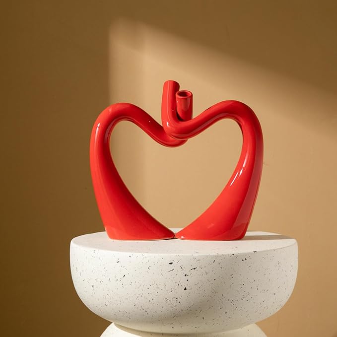 Red Hollow Ceramic Vases for Home Decor, Love Heart Snuggle Vase Set of 2, Modern Nordic Aesthetic Decorative Vase for Table Centerpiece Wedding Decoration (W 11.8" X H 9.8")
