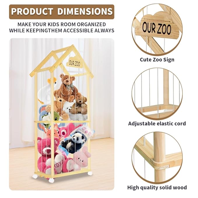 Stuffed Animal Storage Kids Plush Toy Holder Corner Large Stuff Animal Organizer Plushies Storage Creative Zoo Display Wooden Stuffy Storage Cage for Nursery Play Room Bedroom (59 inches in Length)
