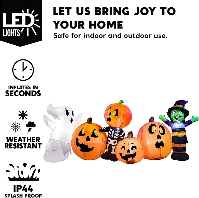 Joiedomi 8 ft Long Halloween Inflatable Three Characters and Pumpkin Patch Outdoor Decoration, Blow Up Inflatables Witch Ghost Skeleton Yard Decorations with LEDs for Party Yard Lawn Garden Decor