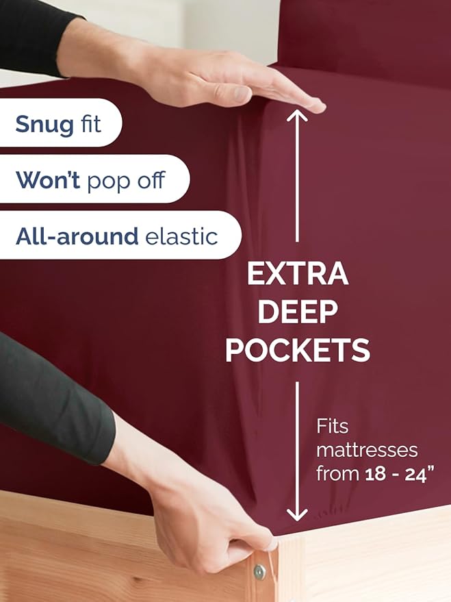 Extra Deep Twin XL Sheet Set - 4 Piece Breathable & Cooling Sheets - Hotel Luxury Bed Sheets Set - Easy & Secure Fit - Soft, Wrinkle Free & Comfy Sheets Set - Burgundy Sheet Set w/Extra Deep Pockets