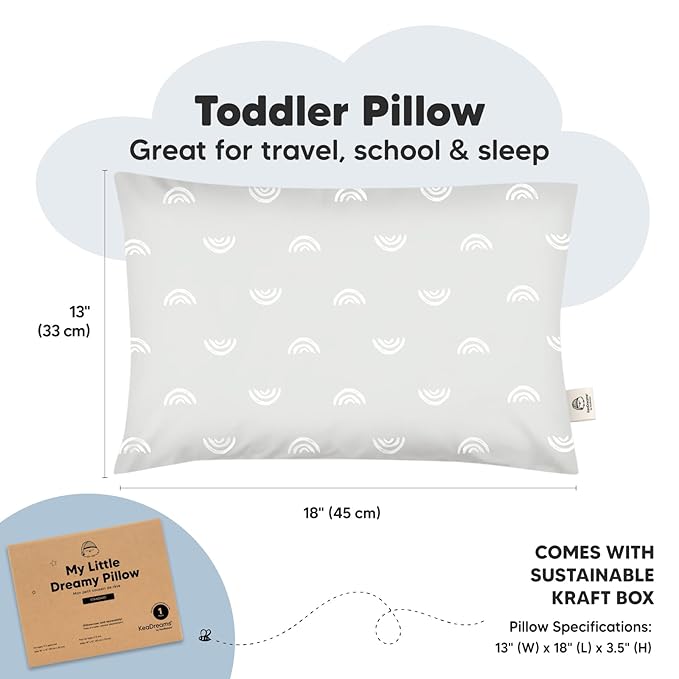 KeaBabies Toddler Pillow - Soft Organic Cotton Toddler Pillows for Sleeping, 13X18 Small Pillow for Kids, Kids Pillows for Sleeping, Kids Pillow for Travel, School, Nap, Age 2 to 5 (Gray Rainbow)