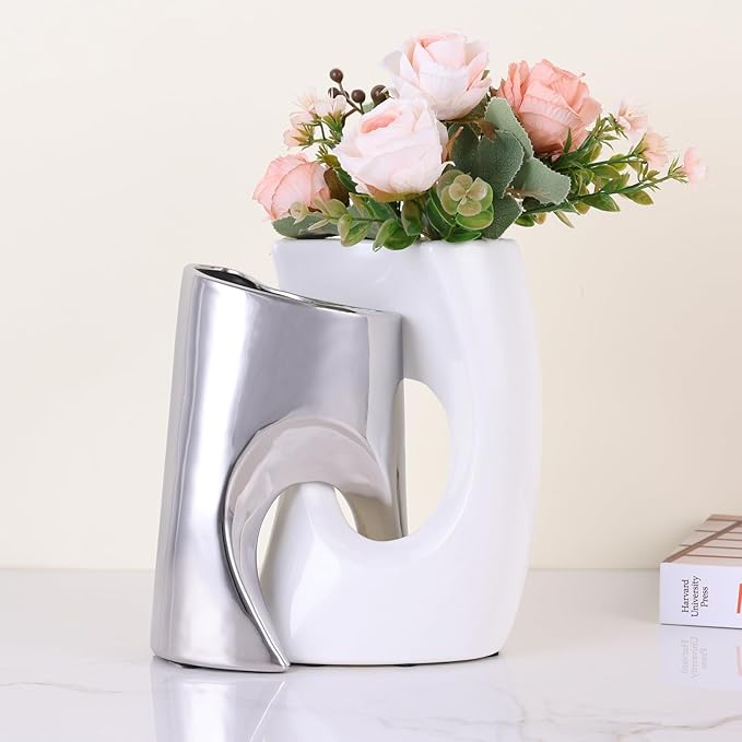 White and Silver Vase Set of 2, Nordic Modern Ins Style Vases, Boho Ceramic Vases for Centerpieces, Mid Century Abstract Donut Vase, Unique Funky Vase for Wedding, Decorative Pampas Grass Vase Decor