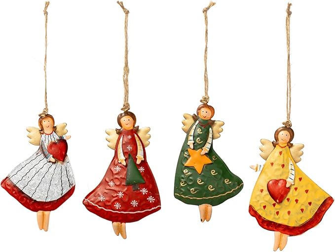 Painted Metal Angel Double-Sided Christmas Tree Ornaments Set of 4 for Christmas Tree Decoration Hanging and Holiday Decor Crafts & Gift Tags