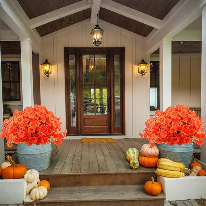 Artificial Fall Flowers Fake Plants for Outdoor Autumn Decoration, 12 Bundles Silk Orange Morning Glory UV Sun Resistant Realistic Faux Flowers for Window Box Porch Patio Yard Balcony (Fall Plants)